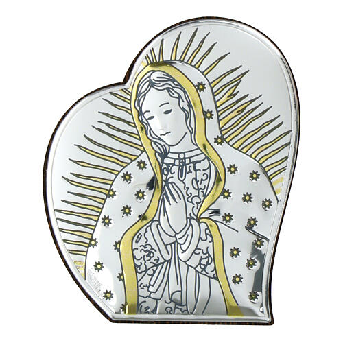 Our Lady of Guadalupe, heart-shaped image, silver bilaminate and golden details, Valenti, 2.5x2 in 1