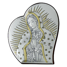 Our Lady of Guadalupe, silver bilaminate heart with golden details, Valenti Argenti, 4x3.5 in