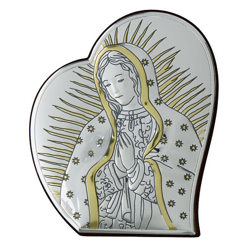 Heart-shaped picture of Our Lady of Guadalupe, silver bilaminate with golden details, Valenti, 6x5 in 1