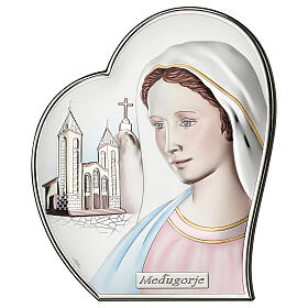 Reliefbild mit Silberbeschichtung und farbigen Akzenten – Gottesmutter von Medjugorje, Herzform 14,5 × 12 cm, Valenti