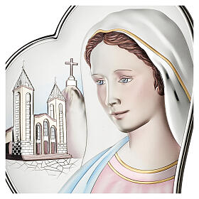 Our Lady of Medjugorje, heart-shaped bas-relief, coloured silver bilaminate, Valenti, 6x5 in