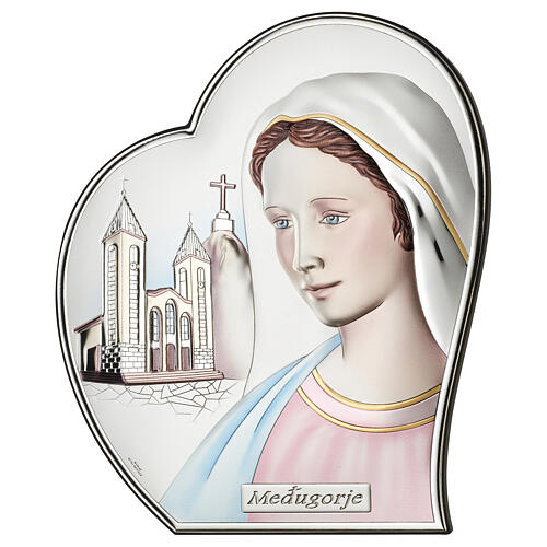 Our Lady of Medjugorje, heart-shaped bas-relief, coloured silver bilaminate, Valenti, 6x5 in 1