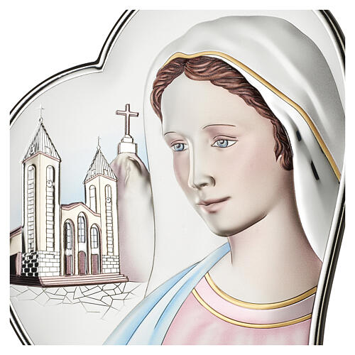 Our Lady of Medjugorje, heart-shaped bas-relief, coloured silver bilaminate, Valenti, 6x5 in 2