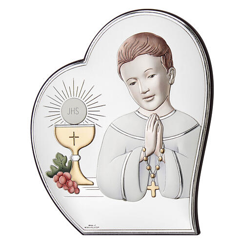 First Communion heart for boy, colourful silver bilaminate, Valenti Argenti, 4x3.5 in 1