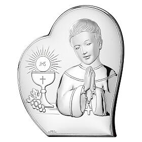 First Communion picture for boy, heart-shaped bas-relief, bilaminate silver, Valenti Argenti, 6x5 in