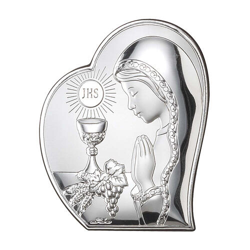 Heart-shaped bas-relief of a girl First Communion, silver bilaminate, Valenti Argenti, 4x3.5 in 1