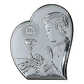 Fist Communion picture, praying boy, silver bilaminate heart by Valenti Argenti, 3x2.5 in
