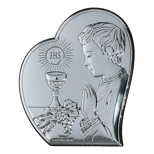 First Communion favour for boy, silver bilaminate bas-relief, Valenti, 6x5 in 1