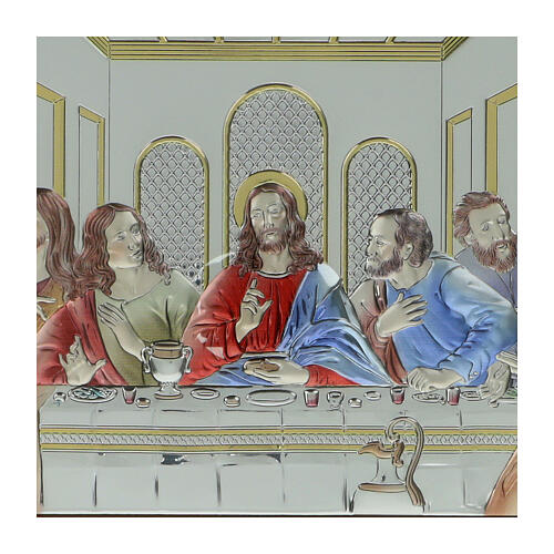 Last Supper bas-relief, colourful silver bilaminate with golden frame, Valenti Argenti, 17x27 in 2