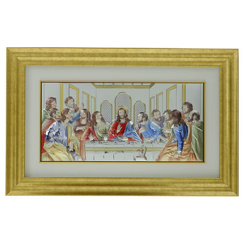 Oggettando Quadro Ultima Cena Con Cornice In Ecopelle Bianca – Fili Oro, 60x120cm – Opera D’Arte Artigianale Made In Italy