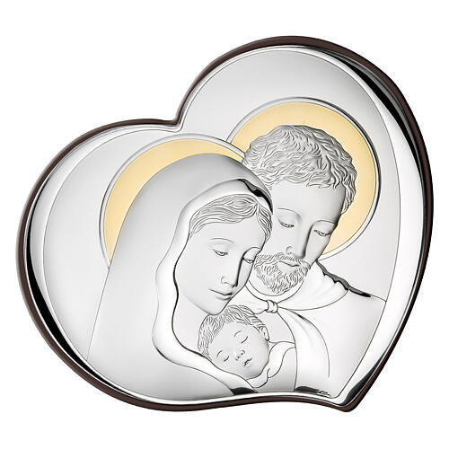 Holy Family, silver bilaminate heart, golden details, Valenti, 3.5x4 in 1