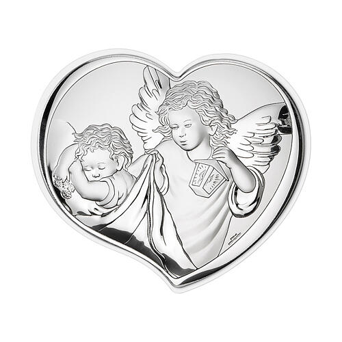 Heart-shaped bas-relief with Guardian Angel, silver bilaminate, Valenti, 5x6 in 1