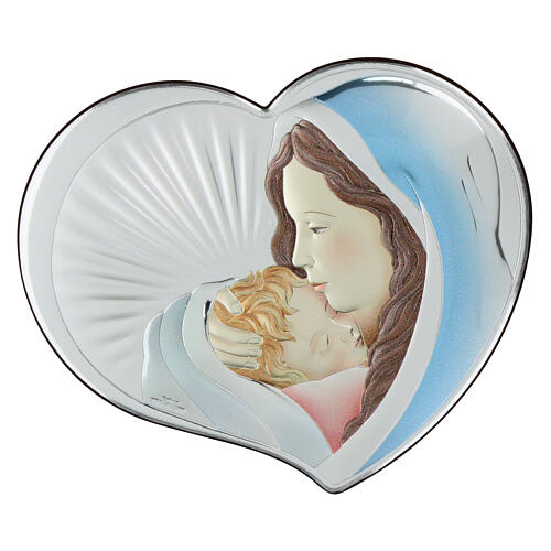 Virgin with Child, colourful silver bilaminate heart, Valenti Argenti, 5x6 in 1