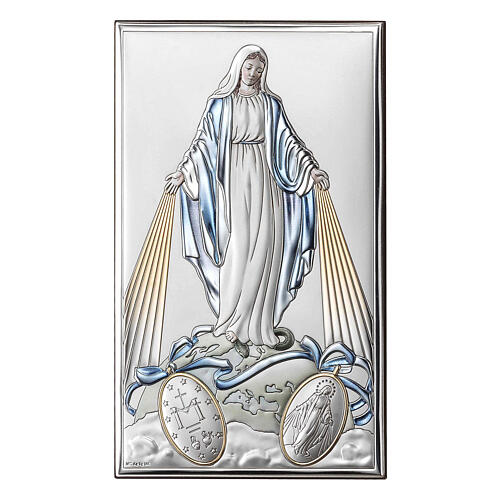 Medal of Our Lady of Graces, colourful silver bilaminate picture, Valenti, 8x5 in 1