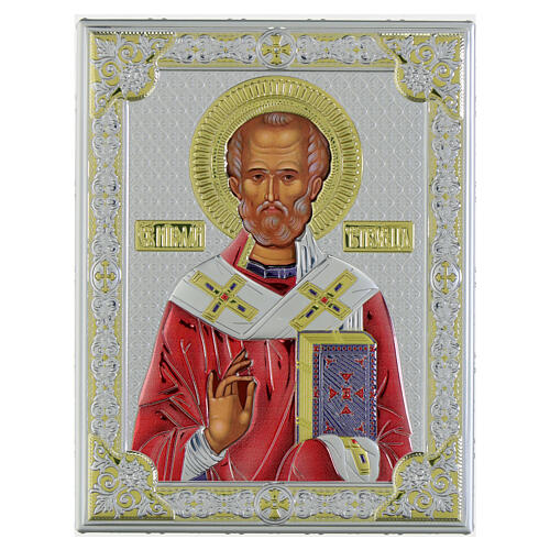 Icon of St. Nicholas, colourful silver bilaminate, Valenti, 6x5 in 1