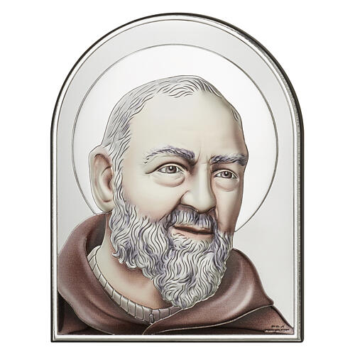 Arched picture of St. Pio, colourful silver bilaminate, Valenti Argenti, 7x5 in 1