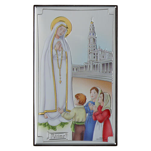 Our Lady of Fatima, colourful enamelled silver bilaminate, Valenti Argenti, 4x3 in 1