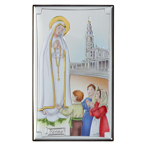 Nossa Senhora de Fátima com pastorinhos prata bilaminada cores Valenti 15x9 cm 1