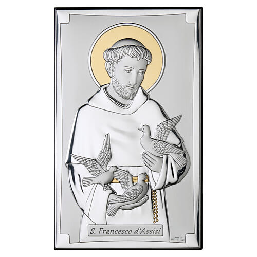 Saint Francis of Assisi, silver bilaminate with golden details, Valenti Argenti, 4x3 in 1