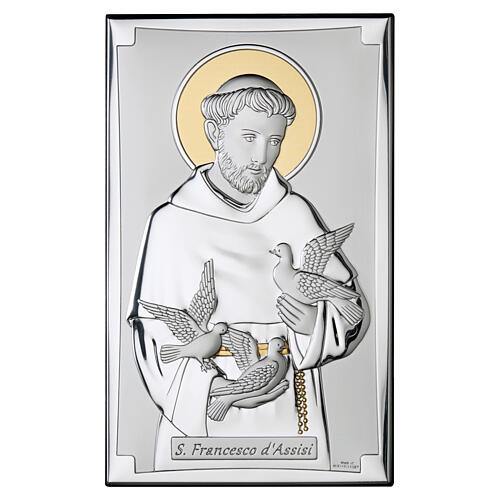 Image of Saint Francis of Assisi, silver bilaminate with golden details, 8x4 in 1