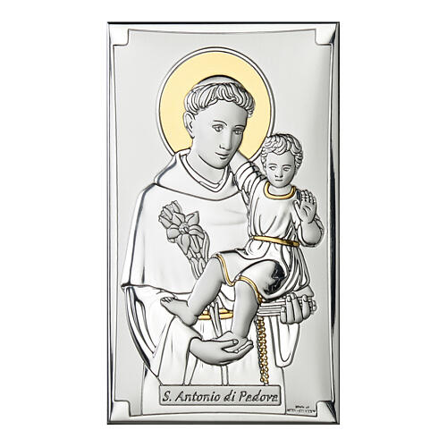 St. Anthony of Padua with Child, silver bilaminate, golden details, 4x2.5 in, Valenti Argenti 1