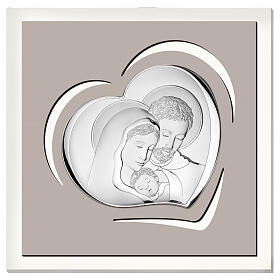 Holy Family, dove-coloured wooden picture, silver bilaminate bas-relief, Valenti Argenti, 7x7 in