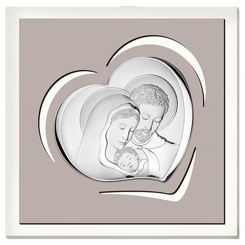 Holy Family, dove-coloured wooden picture, silver bilaminate bas-relief, Valenti Argenti, 7x7 in 1