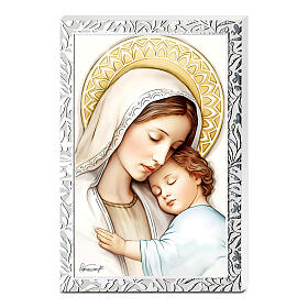 Virgin with Child, wooden picture with silver frame, Valenti, 5.5x3.5 in