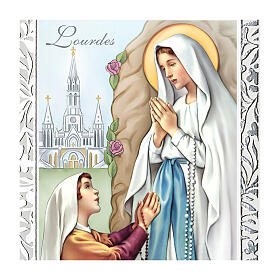 Image of Our Lady of Lourdes and Bernadette, silver frame, 7x4 in, Valenti