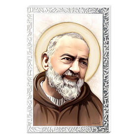 Saint Pio, colour portrait with silver frame, Valenti, 7x4.5 in