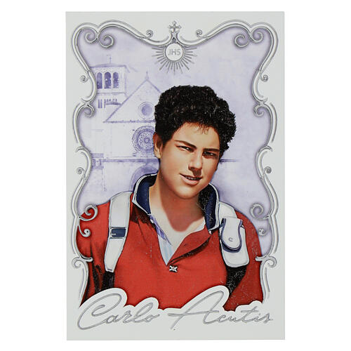 Bild „Carlo Acutis“, weißes Holz mit silberfarbenen Verzierungen, Valenti – 14 × 9 cm 1