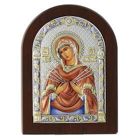 Holy Virgin Mary of Seven Swords, colourful silver bilaminate icon, Valenti, 6x5 in