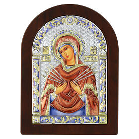 Icon of Virgin Mary of Seven Swords, colourful silver bilaminate with golden details, Valenti, 8x6 in