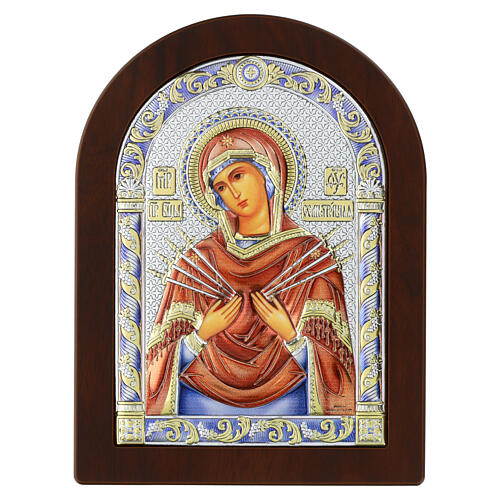 Icon of Virgin Mary of Seven Swords, colourful silver bilaminate with golden details, Valenti, 8x6 in 1