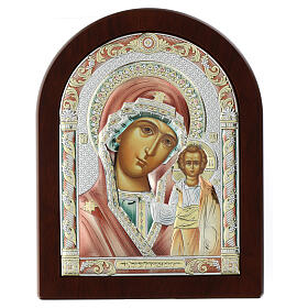 Our Lady of Kazan, icon with colourful silver bilaminate riza, Valenti Argenti, 6x5 in