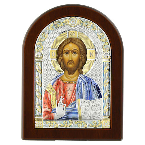 Arched icon of Christ Pantocrator, colourful silver bilaminate, Valenti Argenti, 6x5 in 1