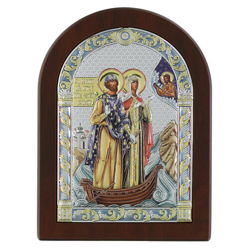 Icône argent bilaminé Saints Pierre et Fevronia couleurs 20x15 cm Valenti Argenti 1