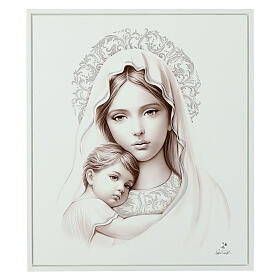 Virgin with Child, white wooden picture, silver leaf, Valenti, 18x15 in