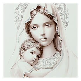 Virgin with Child, white wooden picture, silver leaf, Valenti, 18x15 in