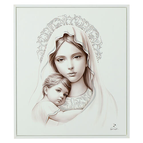 Virgin with Child, white wooden picture, silver leaf, Valenti, 18x15 in 1