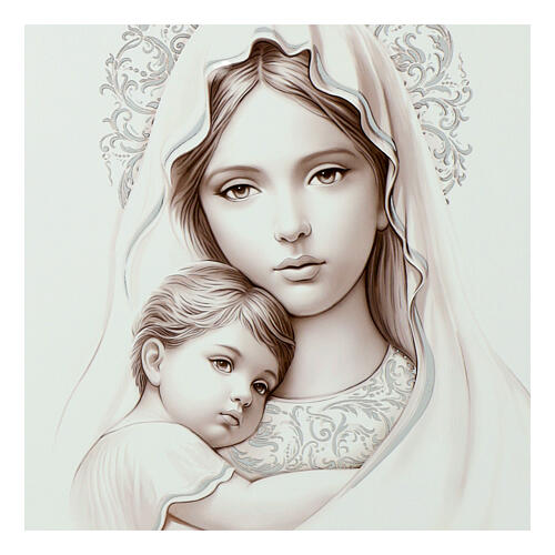 Virgin with Child, white wooden picture, silver leaf, Valenti, 18x15 in 2