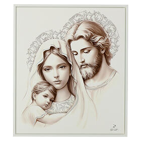 Holy Family, white wooden picture with silver, Valenti, 18x15 in