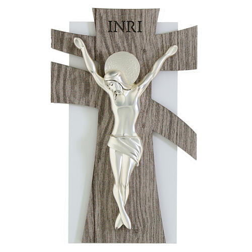 Cross with stylised Christ, grey oak, Valenti Argenti, 7x4 in 1