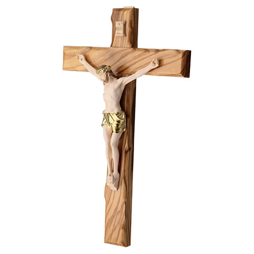 Olivewood crucifix with painted body of Christ, Valenti, 10 in 3