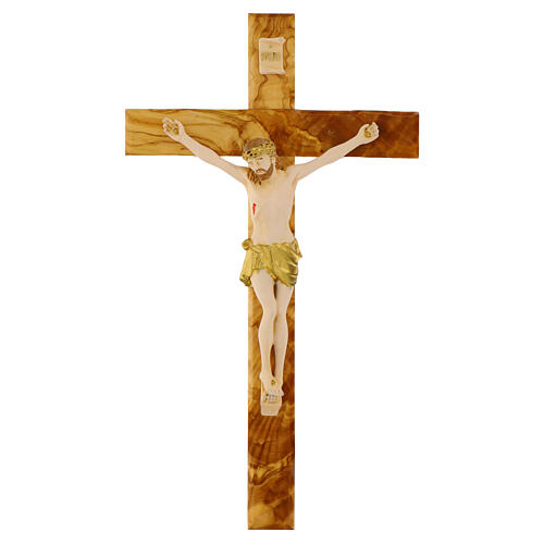 Painted resin body olive wood crucifix by Valenti, 35 cm 1