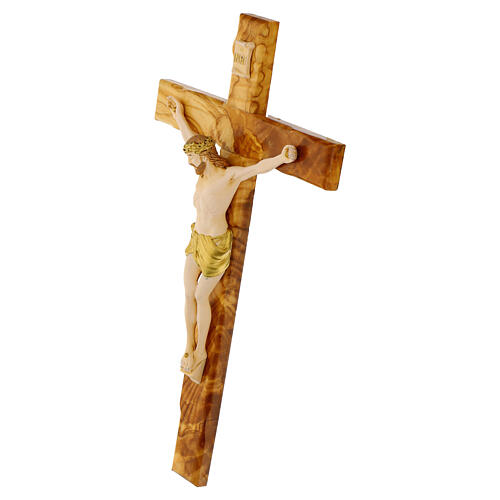 Olivewood crucifix, painted resin body, Valenti, 20 in 3