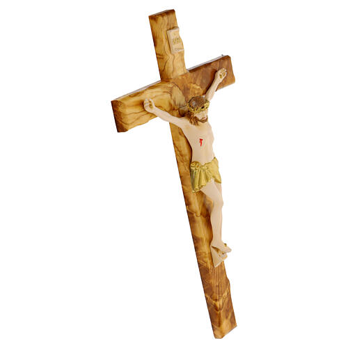 Olivewood crucifix, painted resin body, Valenti, 20 in 4