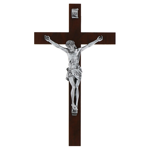Matte Silver Resin Christ Sculpture on Wood Cross, Valenti 35 cm 1
