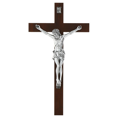 Dull silver body of Christ with dark wooden cross, Valenti, 25 in 1