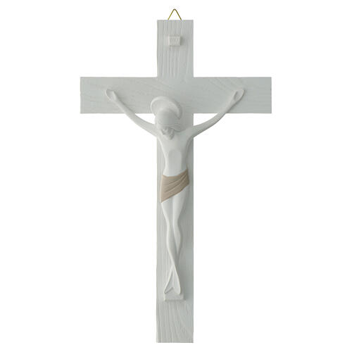 Modern crucifix of white and dove-coloured resin, Valenti Argenti, 9 in 1